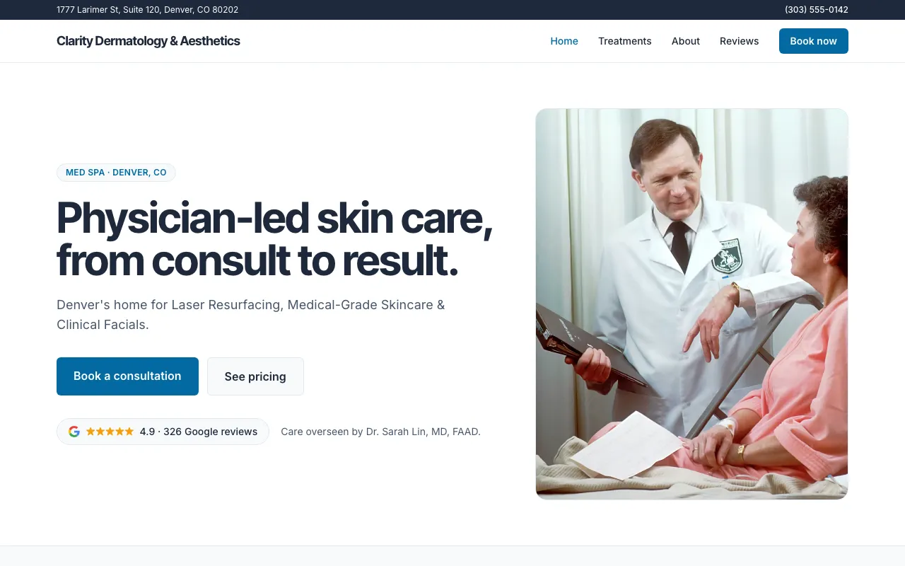 Clarity Dermatology concept build — physician-led clinical style