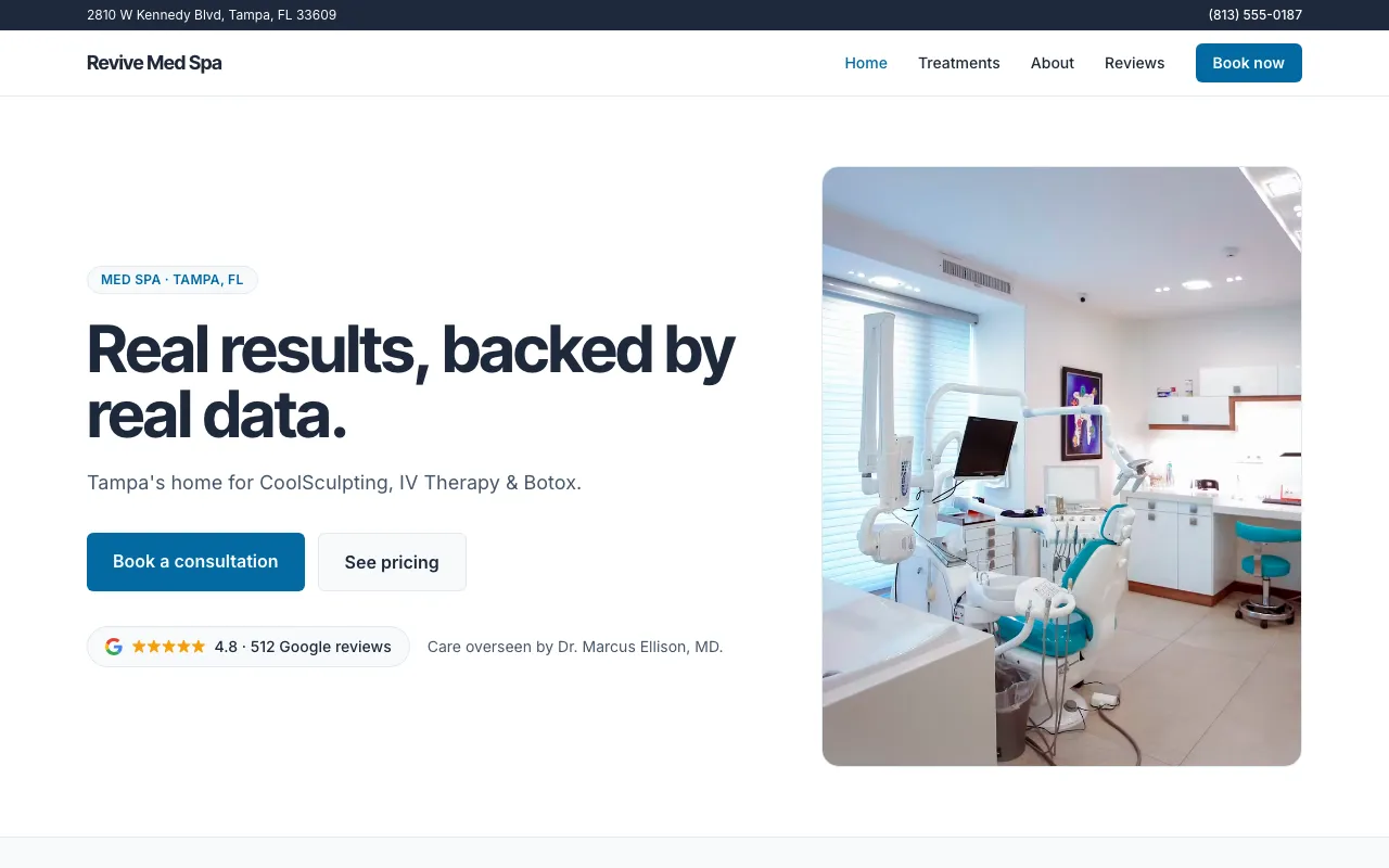 Revive Med Spa concept build — clinical modern style