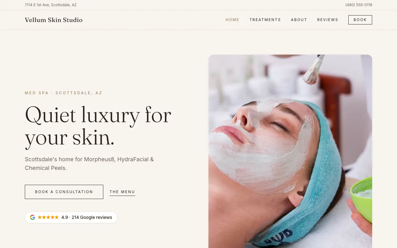Vellum Skin Studio concept build — luxe minimal style